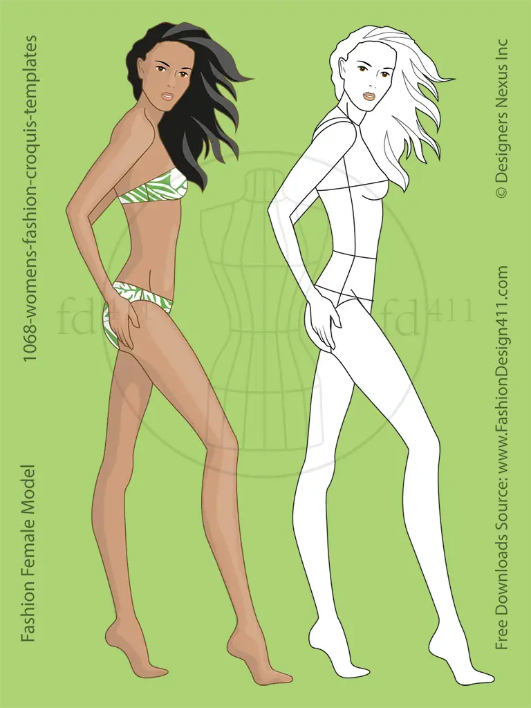 Side View, Female Fashion Croqui Sketch & Template (1068)