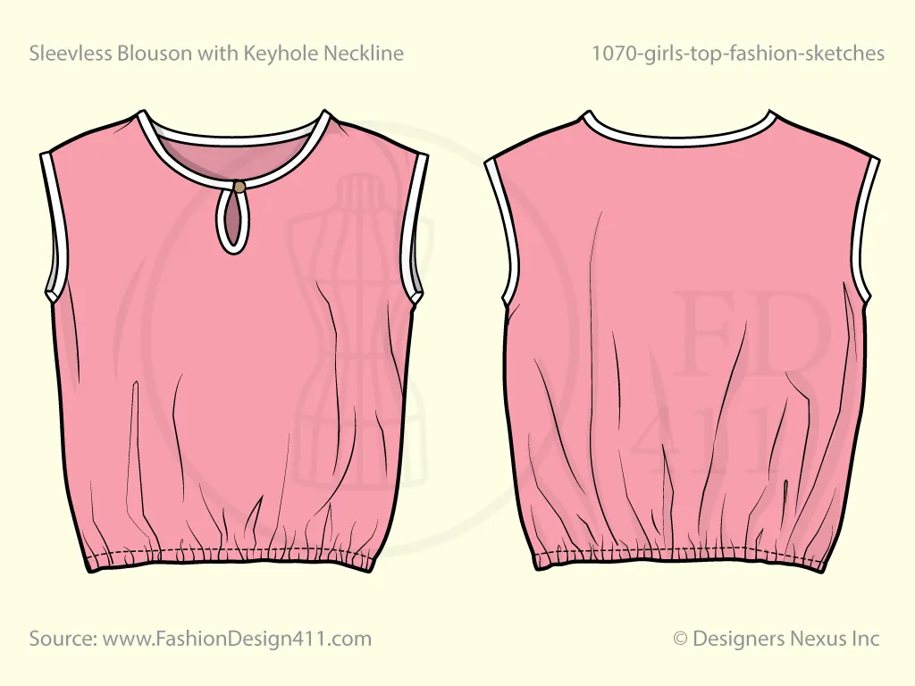 Girls' Crew Neck, Blouson Top Fashion Flat Sketch (1070)