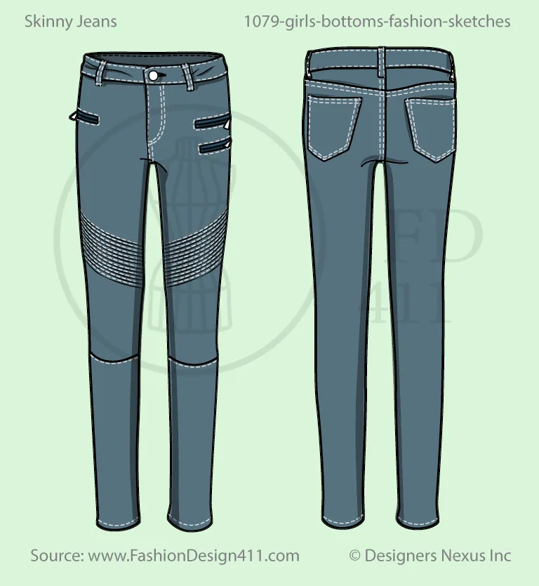 Zipper Pockets, Girls' Skinny Jeans Fashion Flat Sketch (1079)