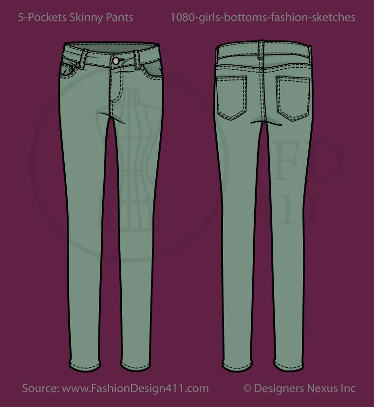 Girls' 5-Pckts Skinny Jeans Fashion Flat Sketch (1080)