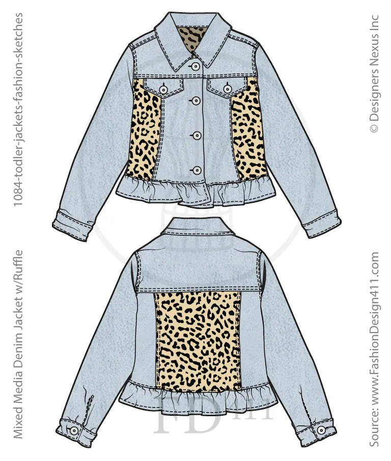 Girls' Denim Jacket w/Ruffle Fashion Flat Sketch (1084)