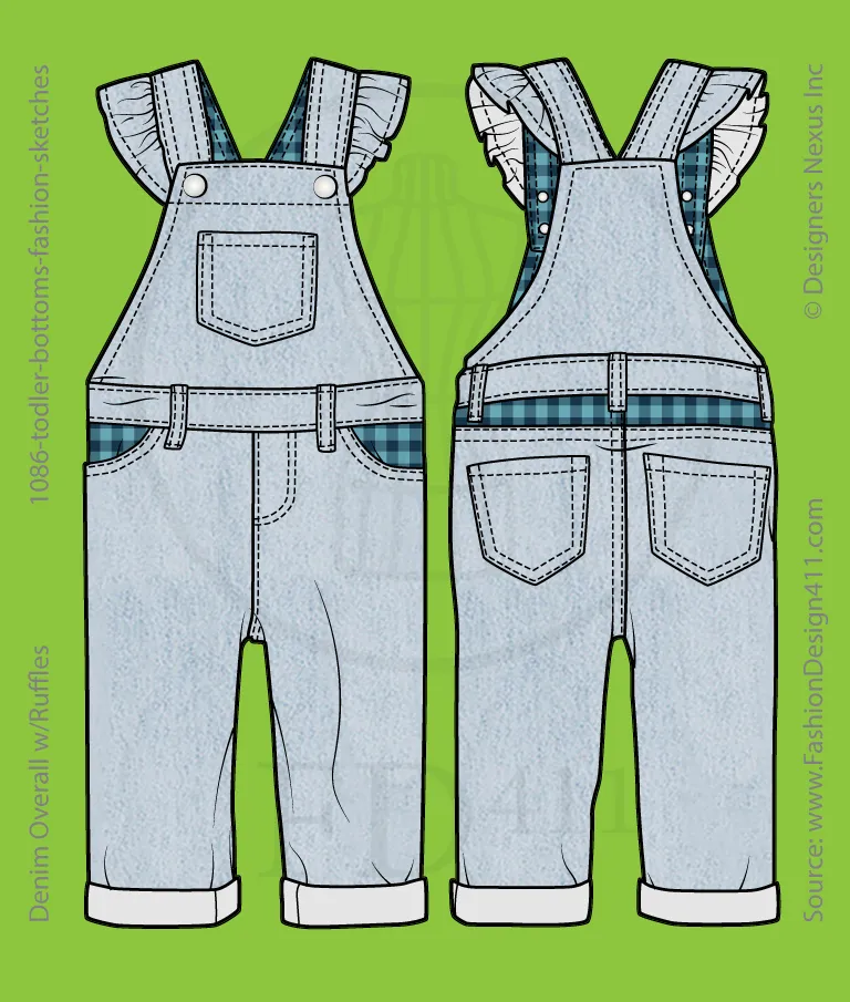 Toddler Girls' Overalls w/Ruffles Fashion Flat Sketch (1086)