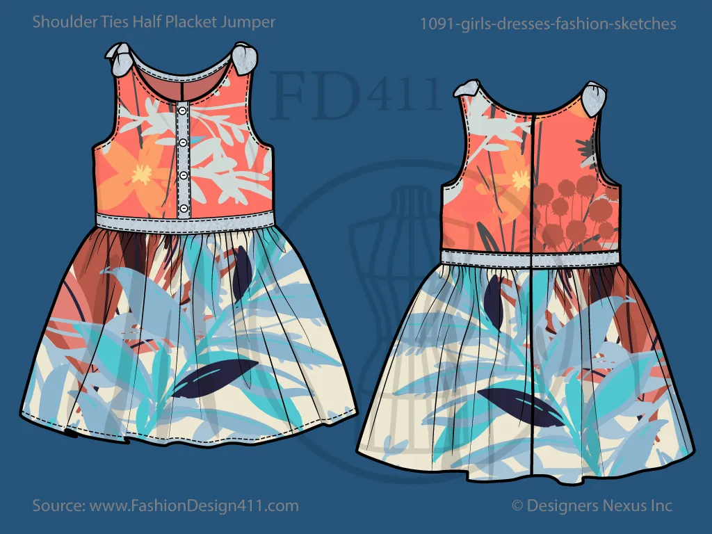 Girls' Shoulder Ties Summer Dress Fashion Flat Sketch (1091)
