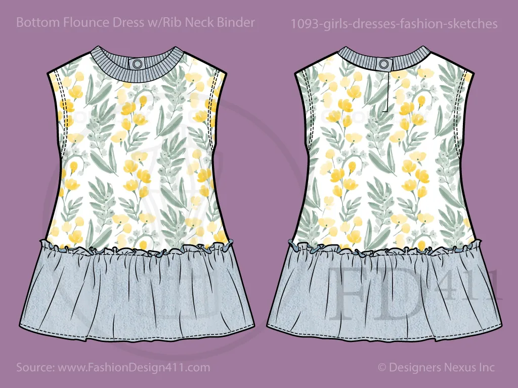 Girls' Flounce Knit Dress, Fashion Flat Sketch (1093)