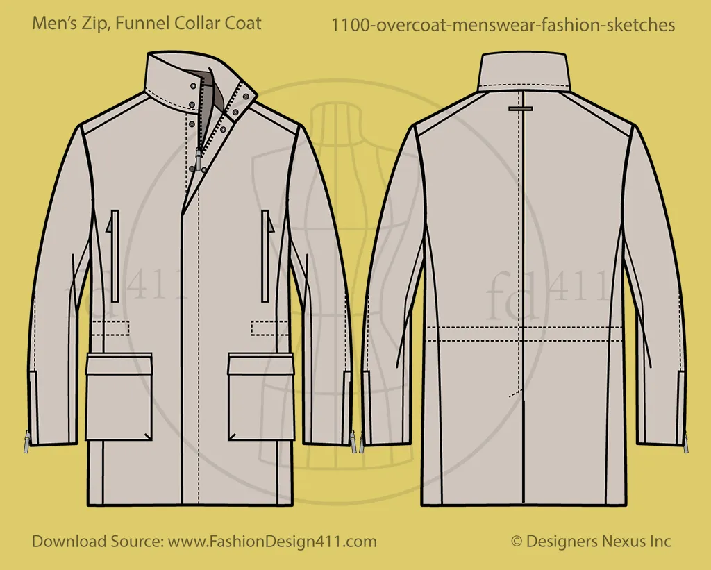 Men's Funnel Collar Overcoat Fashion Flat Sketch (1100)