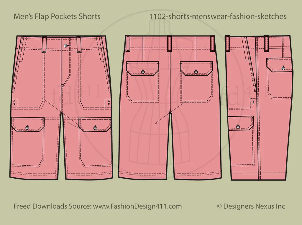 Men's, 4 Front Pockets Shorts Fashion Flat Sketch (1103)