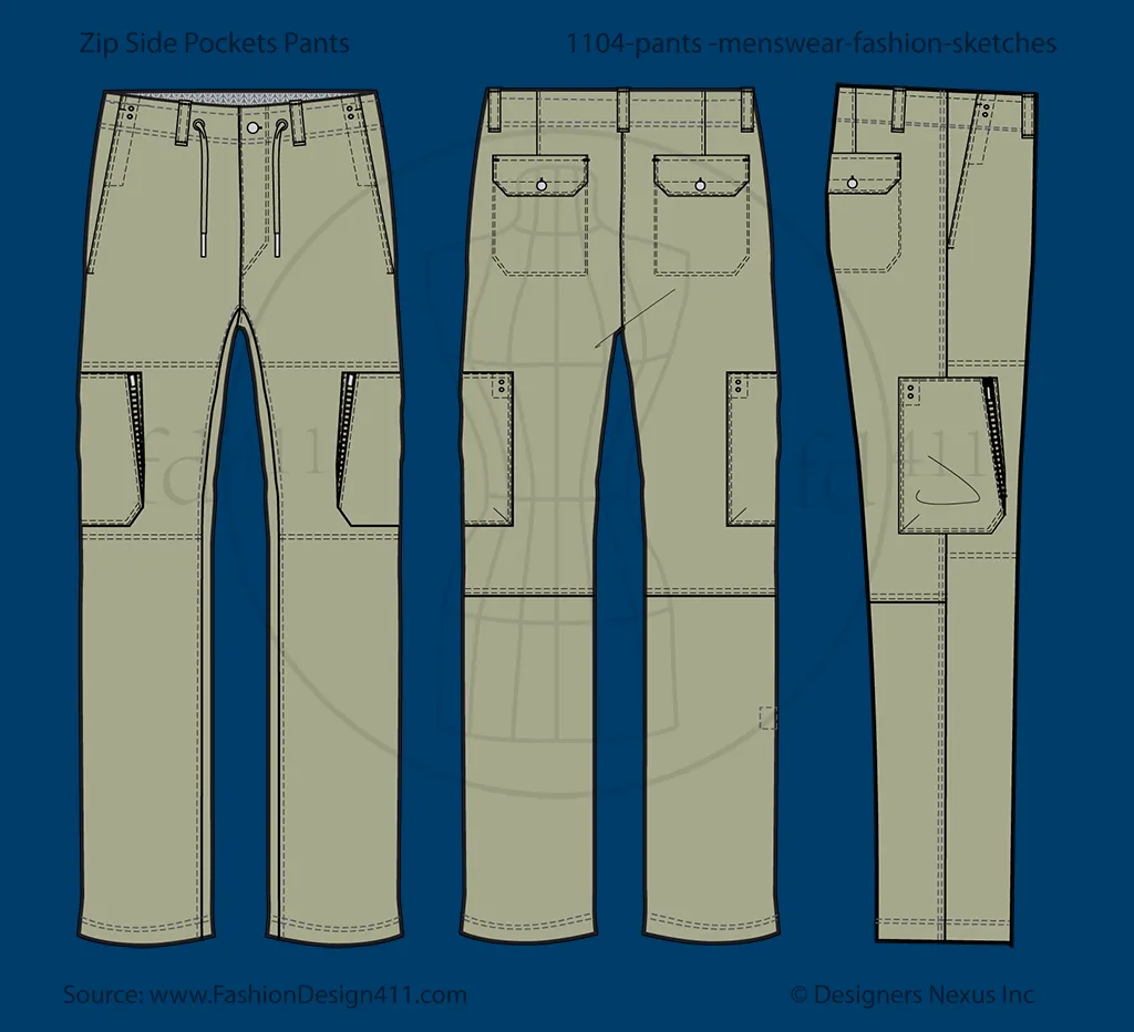Men's Draw String, Cargo Pants Flat Sketch (1104)
