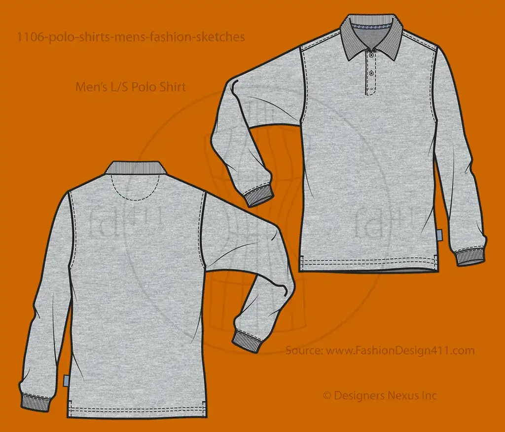 Men's Long Sleeves Polo Fashion Flat Sketch (1106)