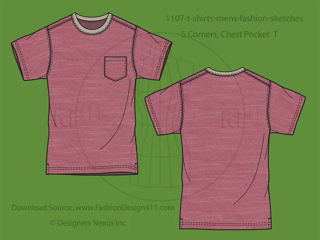 Men's Chest Pocket, Basic T-Shirt Flat Sketch (1107)