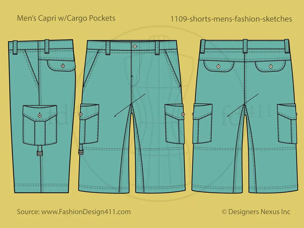 Men's Capri Pants Fashion Flat Sketch (1109)