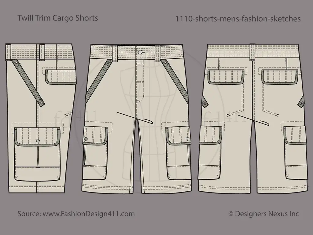 Men's Contrast Trim Cargo Shorts Fashion Flat Sketch (1110)