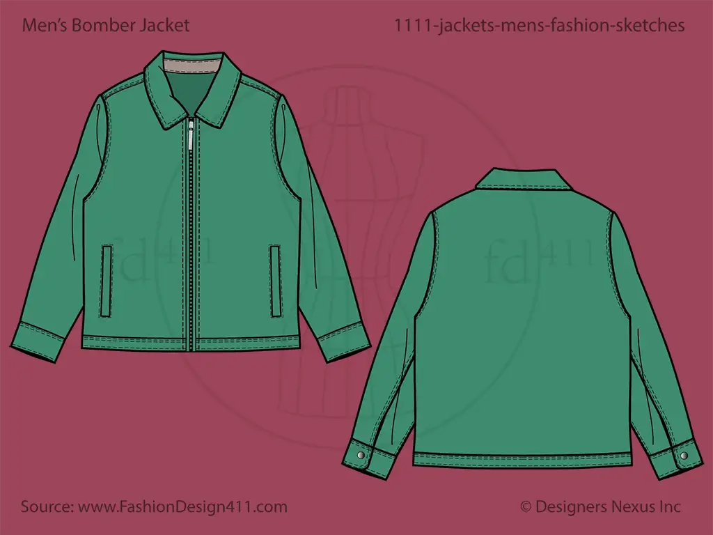 Men's Zip-Up Light Jacket Fashion Flat Sketch (1111)
