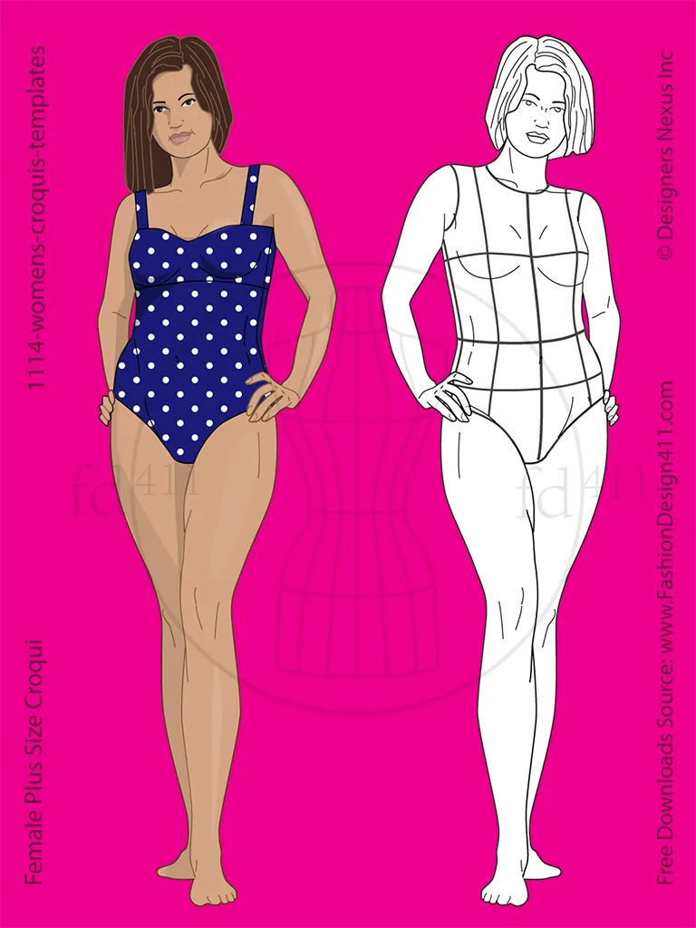 Front View, Plus Size Female Fashion Croquis, Sketch & Template (1114)