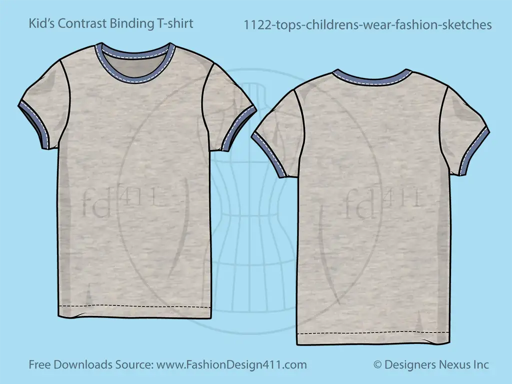 Kids' Contrast Trim T-Shirt Fashion Flat Sketch (1122)