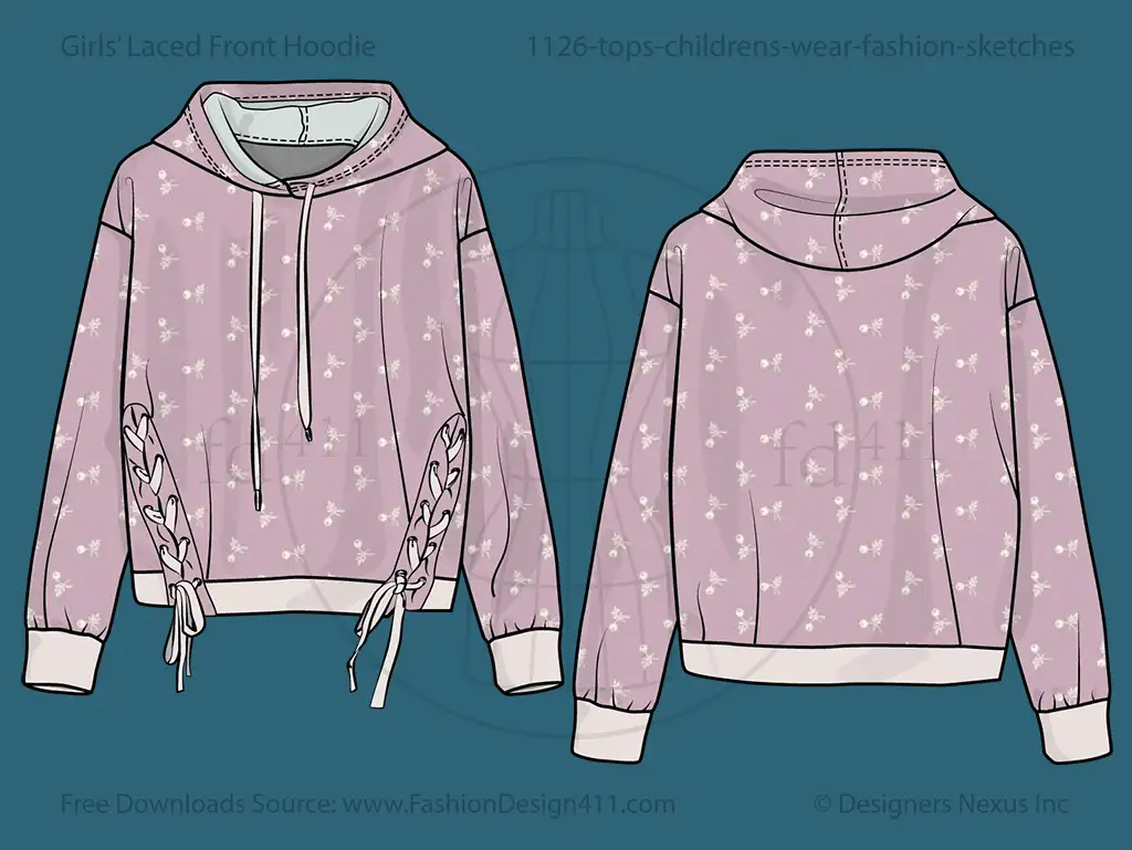 Girls' Laced Front Hoodie Fashion Flat Sketch (1126)