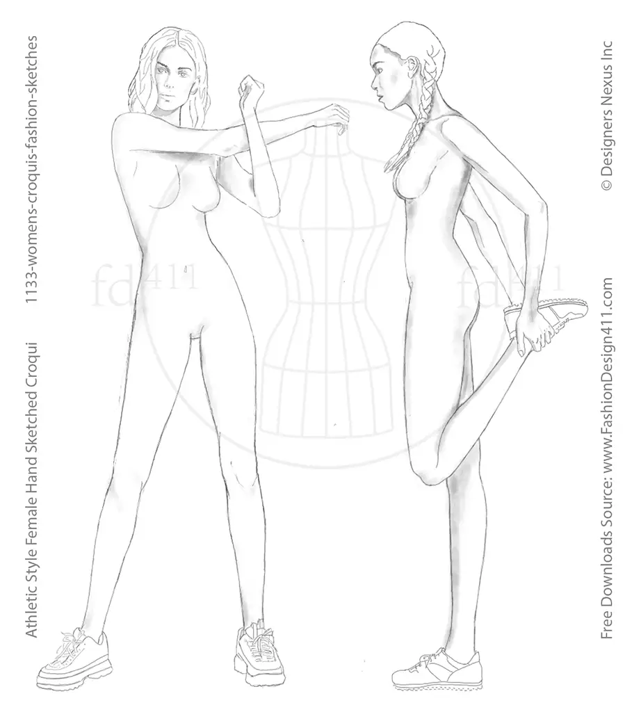 Hand sketched fashion croquis featuring female models in stretching poses