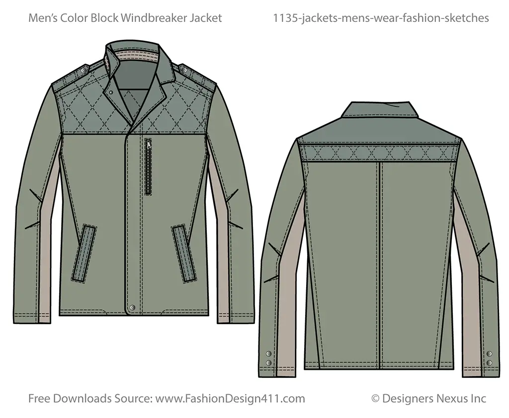 Rendered fashion flat sketch of a men's wear light waight jacket