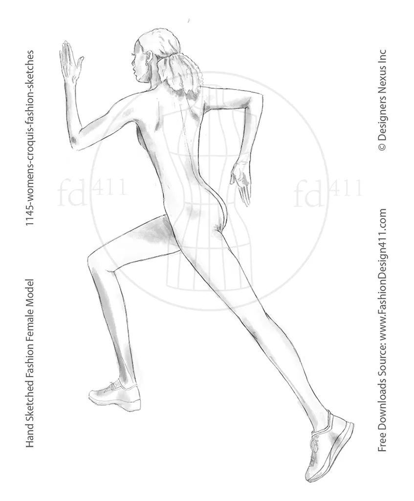 hand sketched fashion croqui features side and back view of a female model in a running pose to showcase athletic wear designs