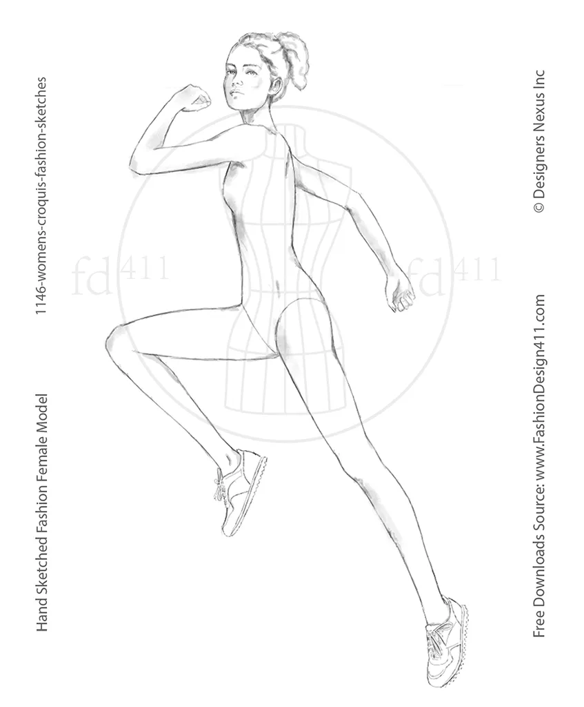 hand sketched fashion croqui features side and front view of a female model in a sprinting pose to showcase athletic wear designs