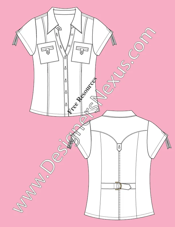 V075 fashion flat sketch of a women's, split neck, patched chest pockets shirt with d-ring, pull tab at back of the waist