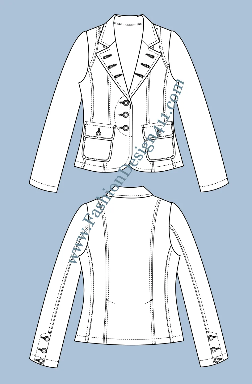 015 fashion flat sketch of a women's, fitted with princess style lines blazer with princess style decorative top stitching