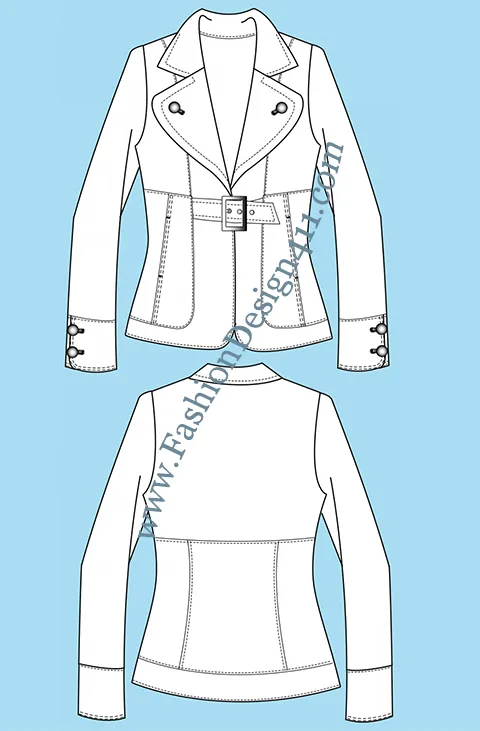 016 fashion flat sketch of a women's, fitted, buckled front blazer with wide, round corner lapels,