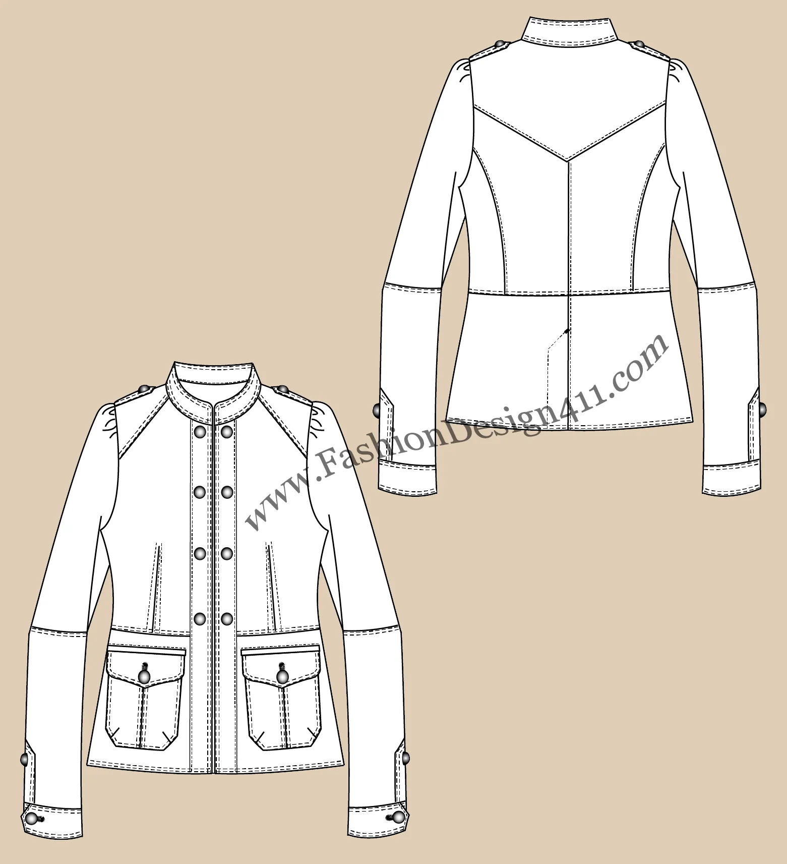 017 fashion flat sketch of a women's, mandarin collar, fitted blazer with bottom cargo pockets.