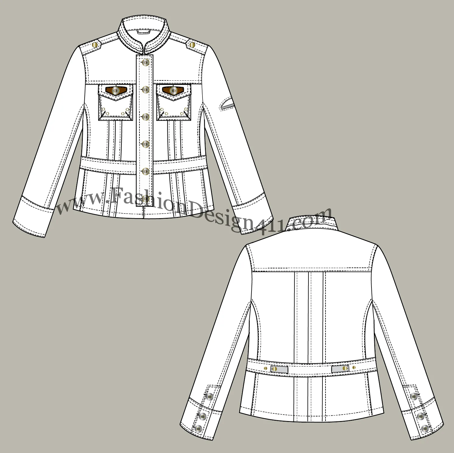 018 fashion flat sketch of a women's, military collar cropped blazer with cargo, chest pockets