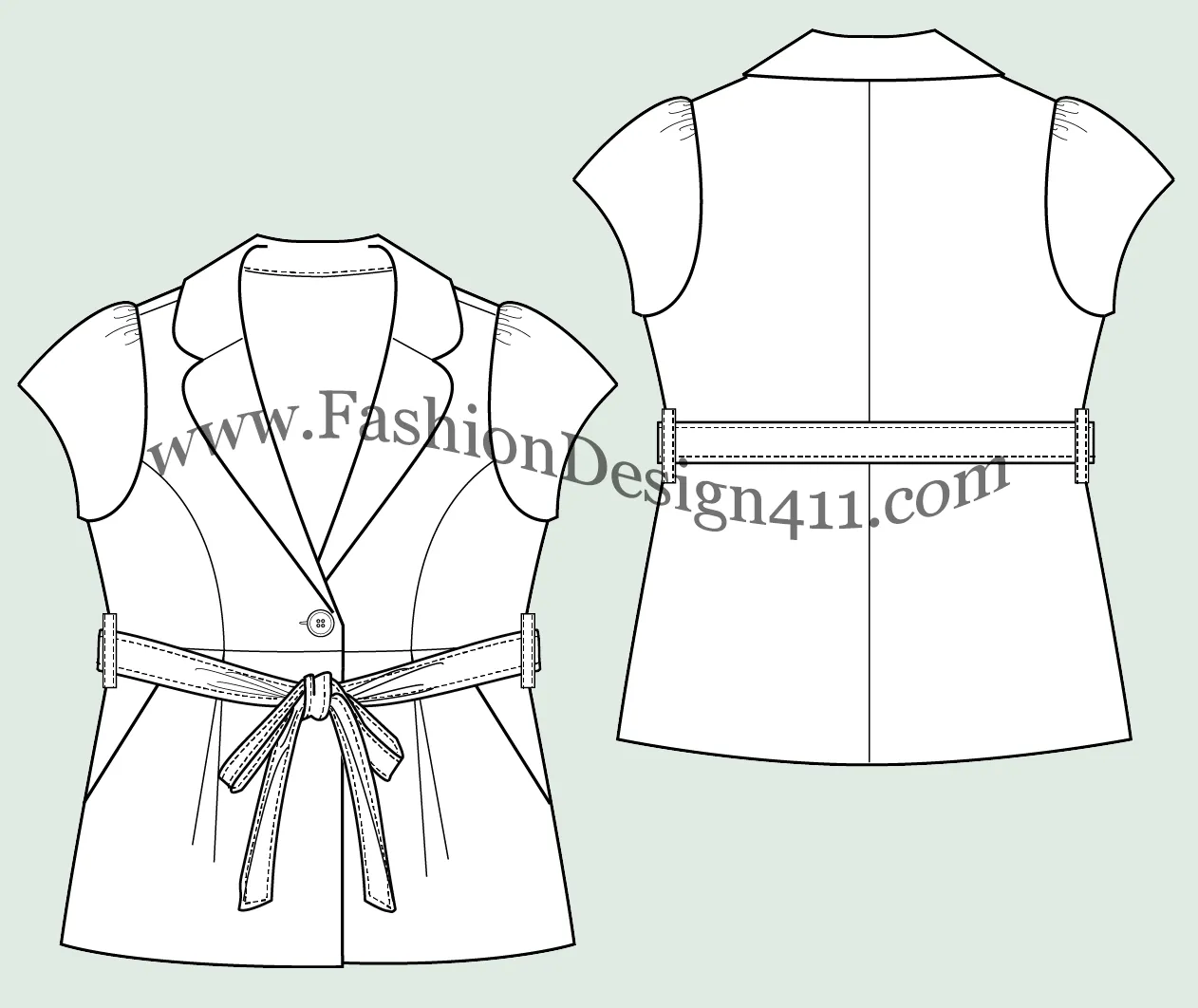 019 fashion flat sketch of a women's, cap sleeves, blazer with tied in a bow sash belt