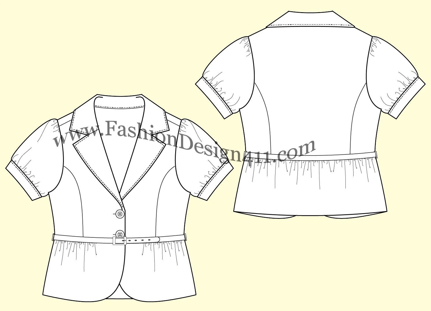 023 fashion flat sketch of a women's, puff sleeves, peplum, belted blazer.