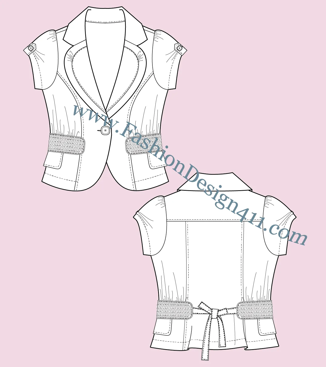 025 fashion flat sketch of a women's, cinched with side smocking, cap sleeves, cropped jacket with a notched collar and round corners lapels