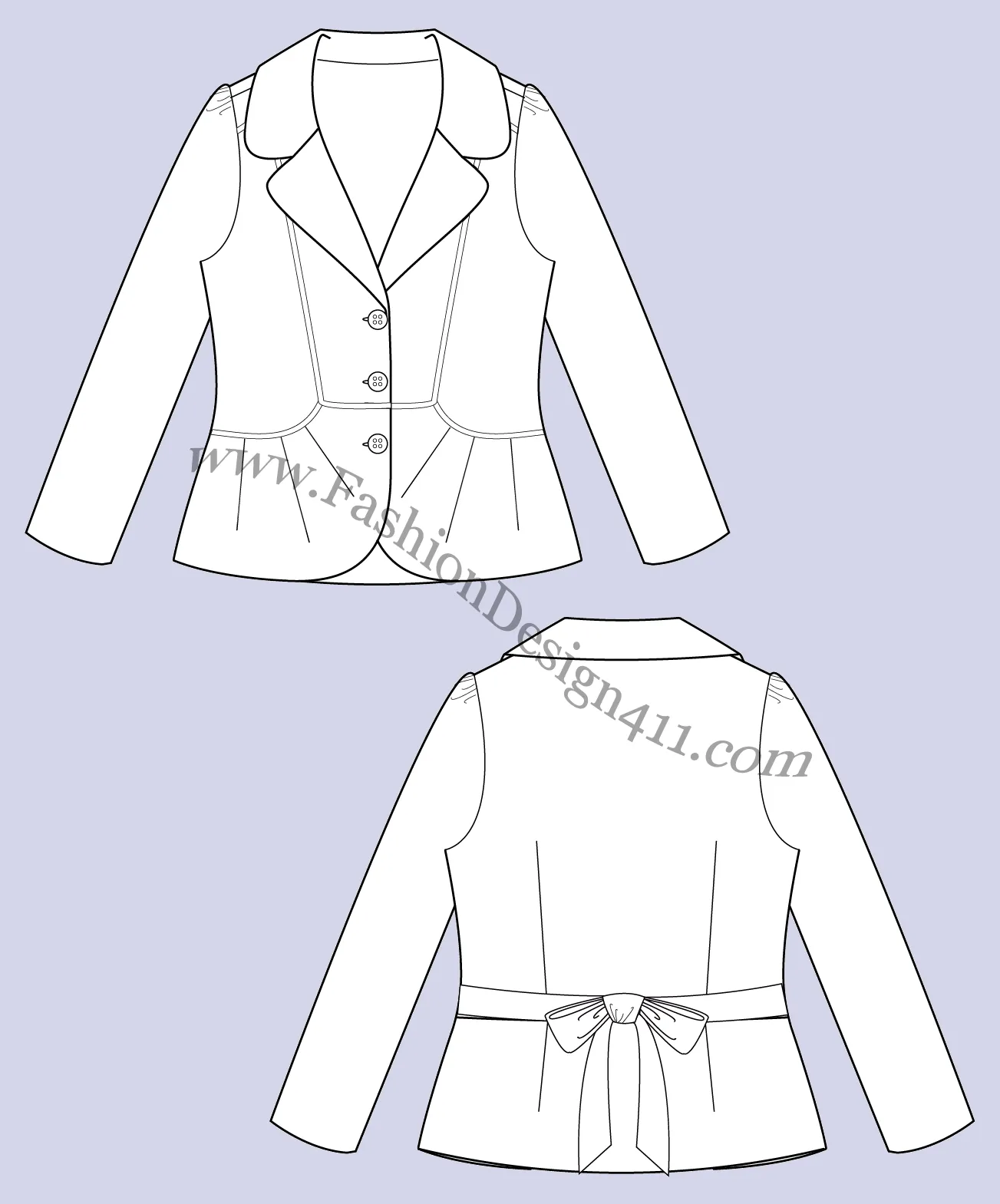 026 fashion flat sketch of a women's, tied at the back, round corners, notched collar blazer