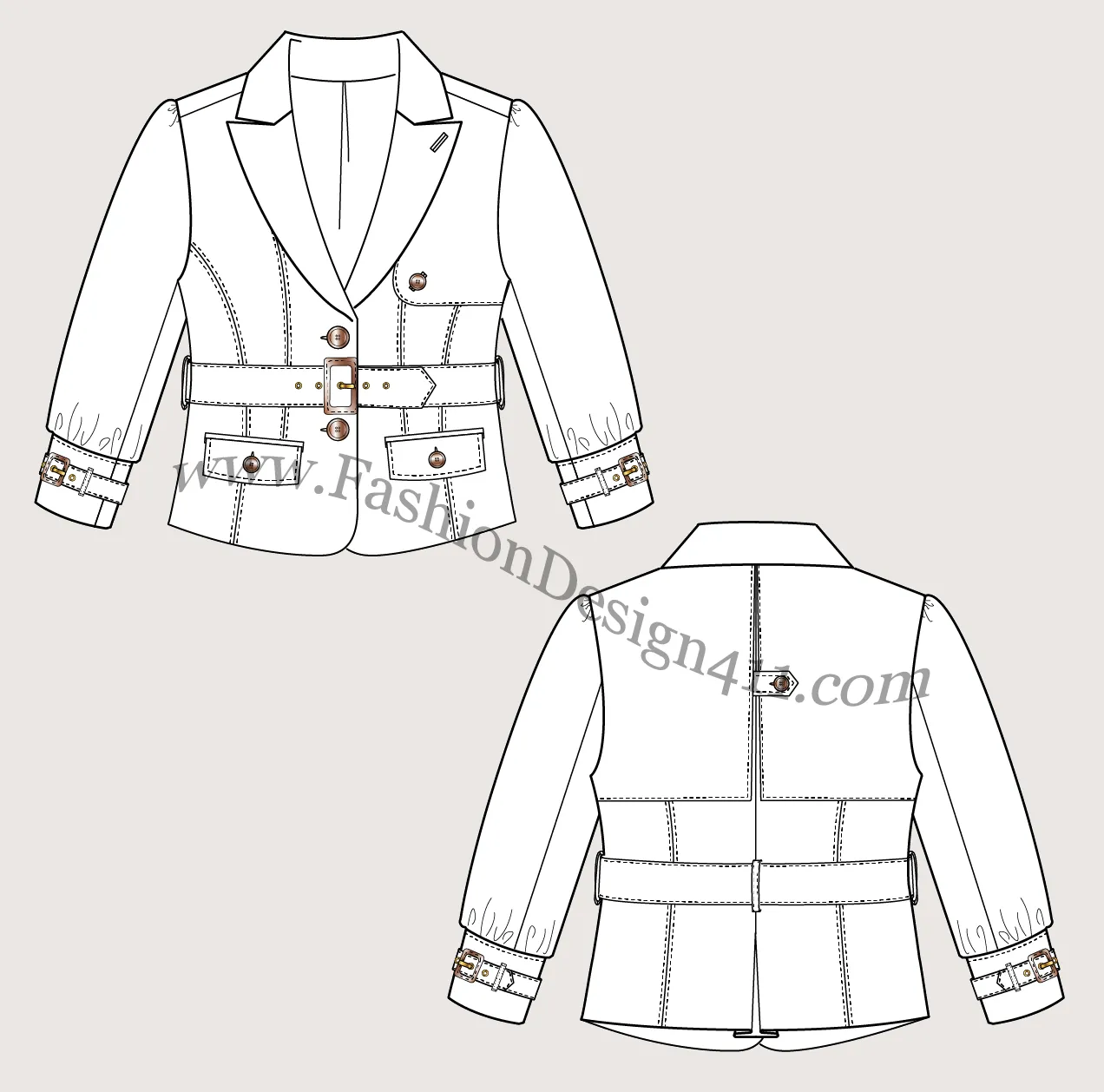 027 fashion flat sketch of a women's, trenched coat style inspired, cropped blazer