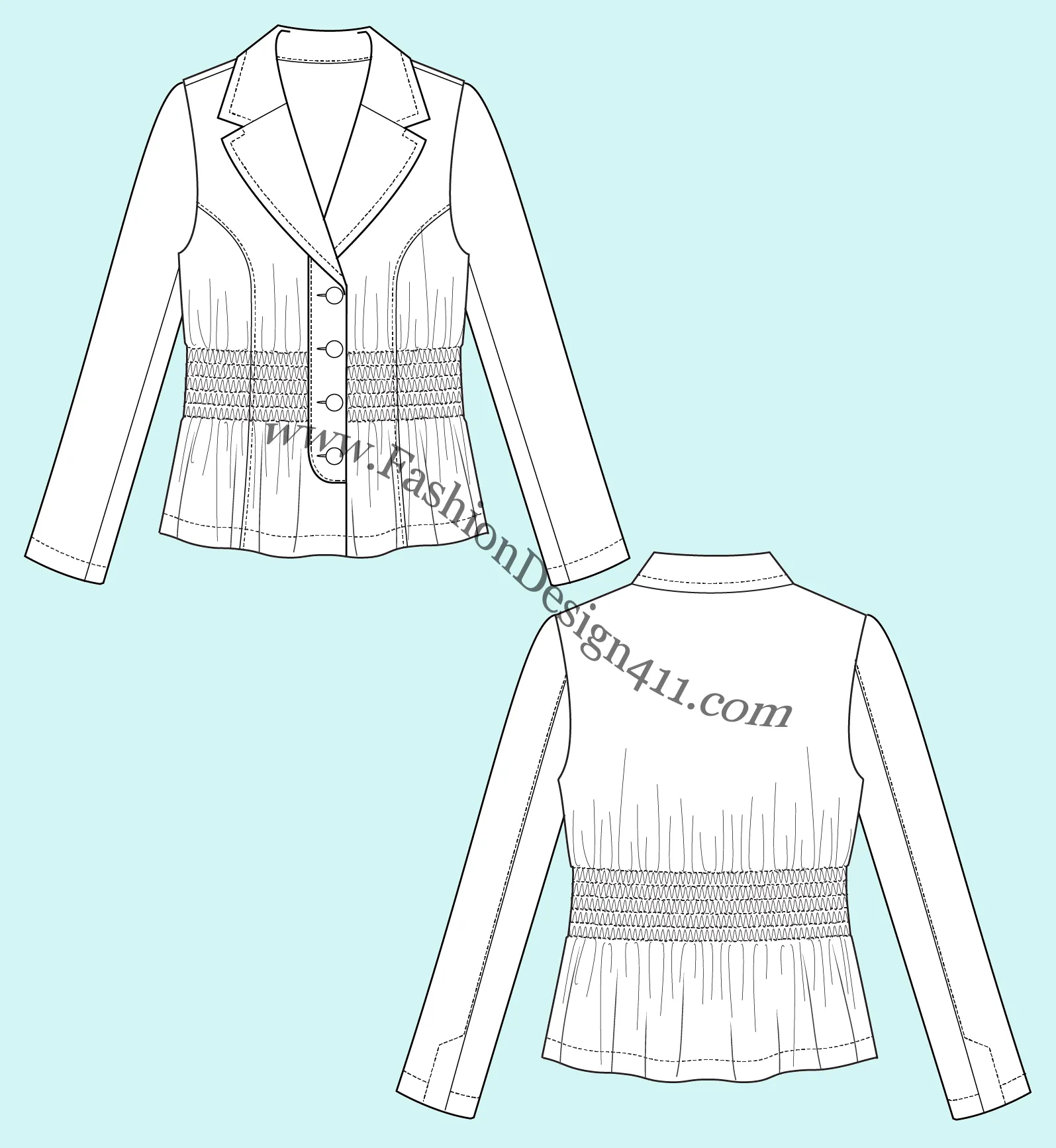 028 fashion flat sketch of a women's, smocked waistline blazer