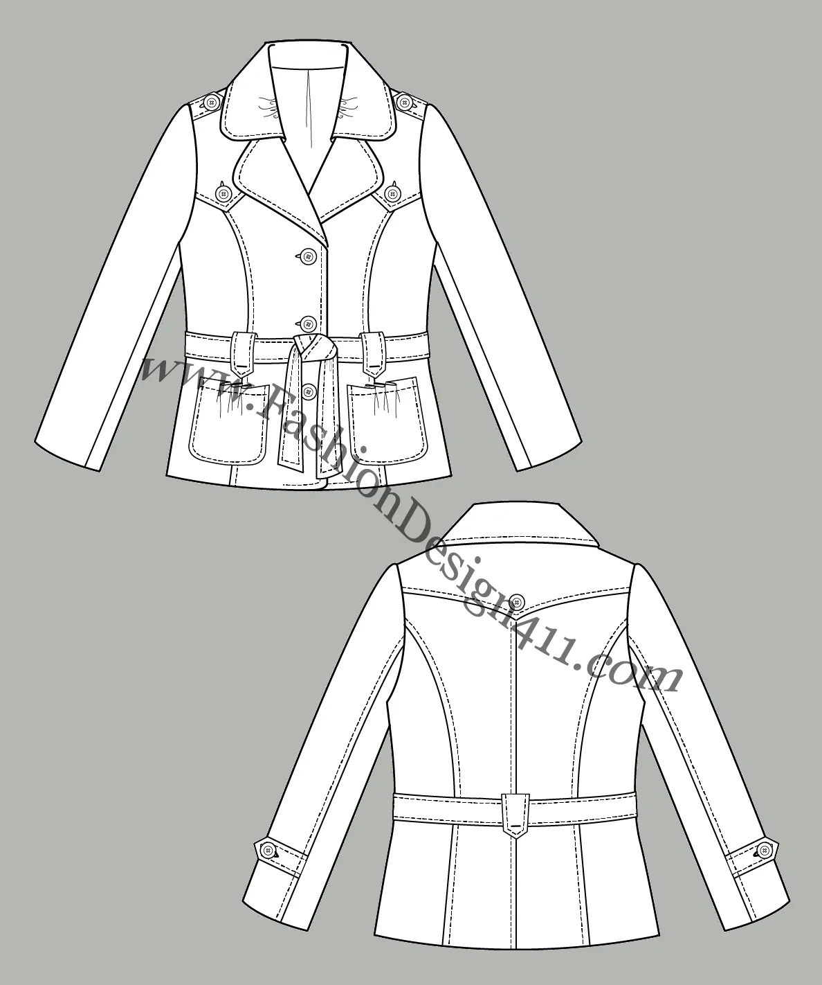 029 fashion flat sketch of a women's, western style yoke, belted blazer with shoulder tabs and tied in a knot sash belt