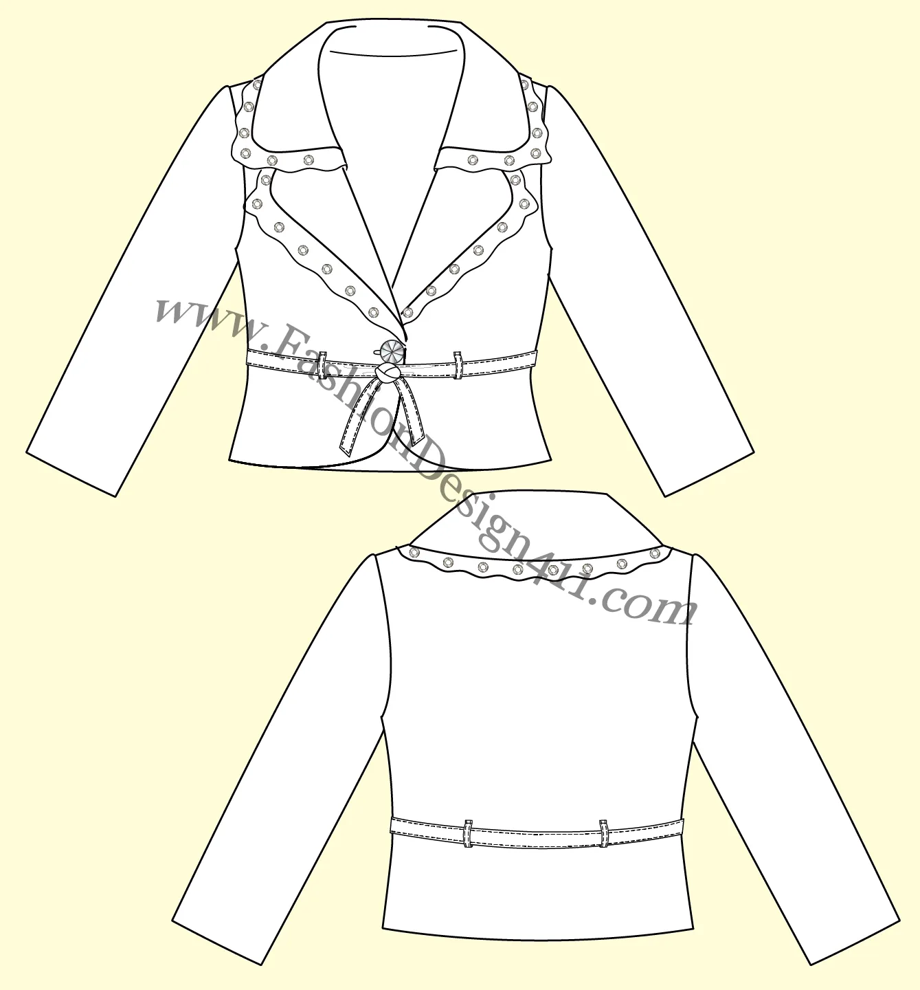 030 fashion flat sketch of a women's, cropped, belted blazer with trim at lapels and collar