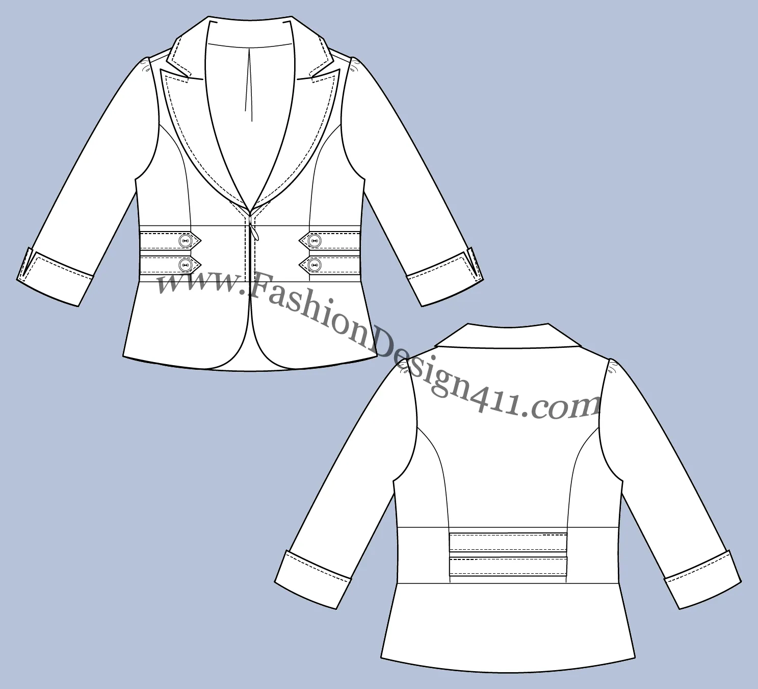 031 fashion flat sketch of a women's, cuffed, elbow sleeves, zip-up, peplum blazer with side waistline tabs