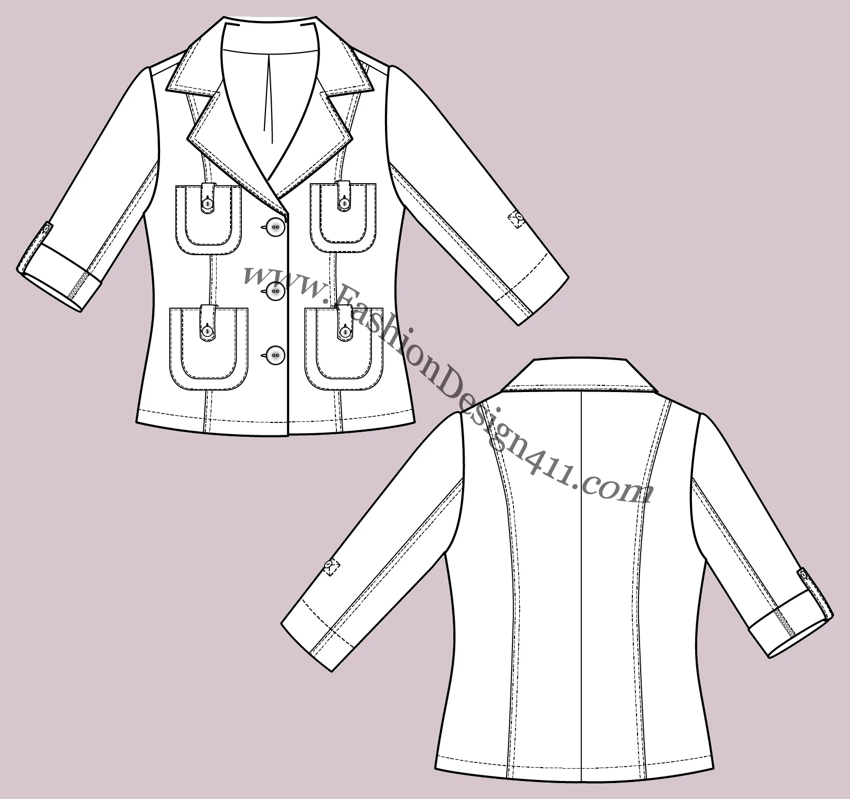 032 fashion flat sketch of a women's, rolled up, 3/4 sleeves fitted blazer with round corners patch pockets