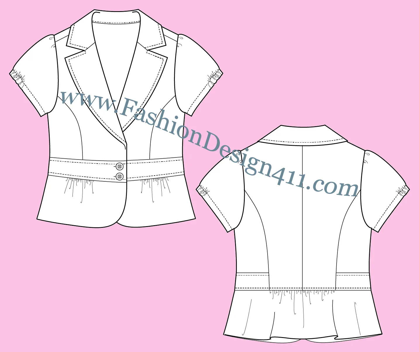 034 fashion flat sketch of a women's, peplum, puff short sleeves blazer