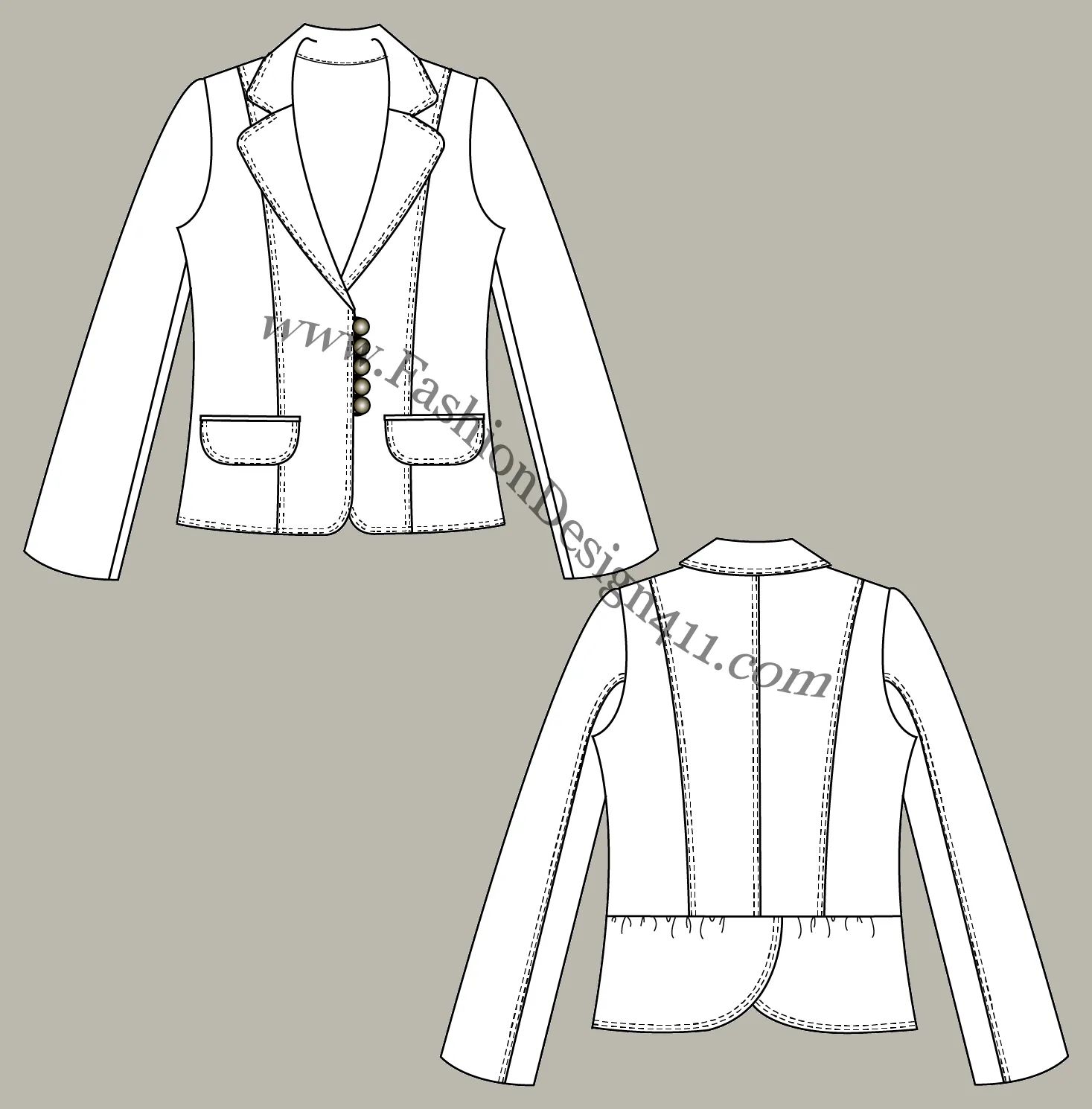 036 fashion flat sketch of a women's, back peplum blazer