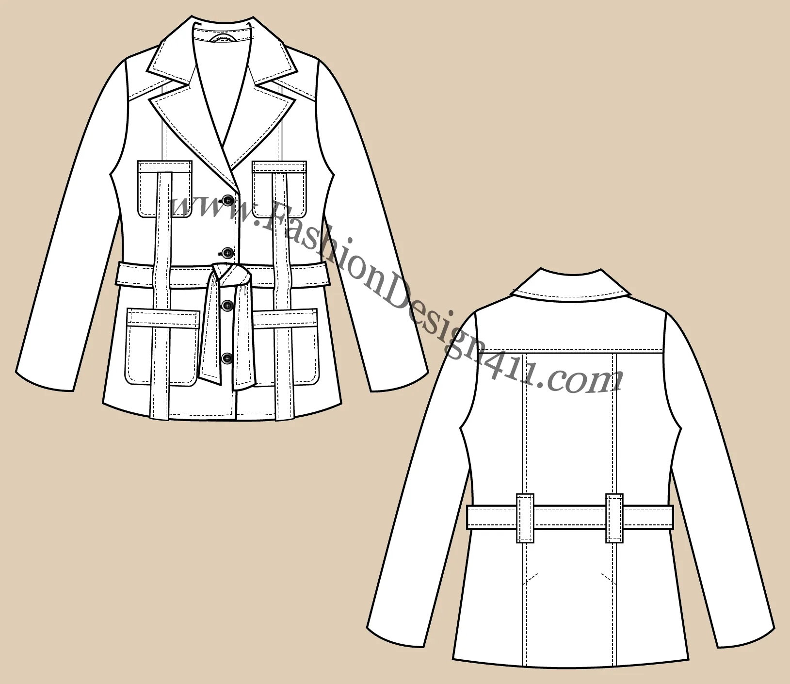 037 fashion flat sketch of a women's, safari style, blazer with knot tied, sash belt