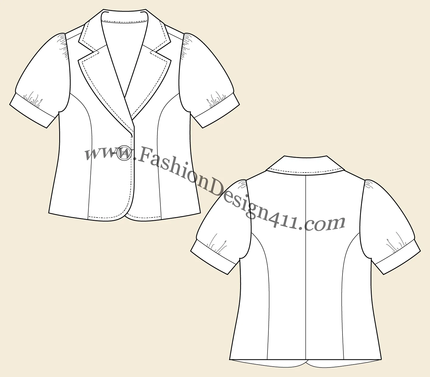 042 fashion flat sketch of a semi fitted women's, puff short sleeves blazer with princess style lines