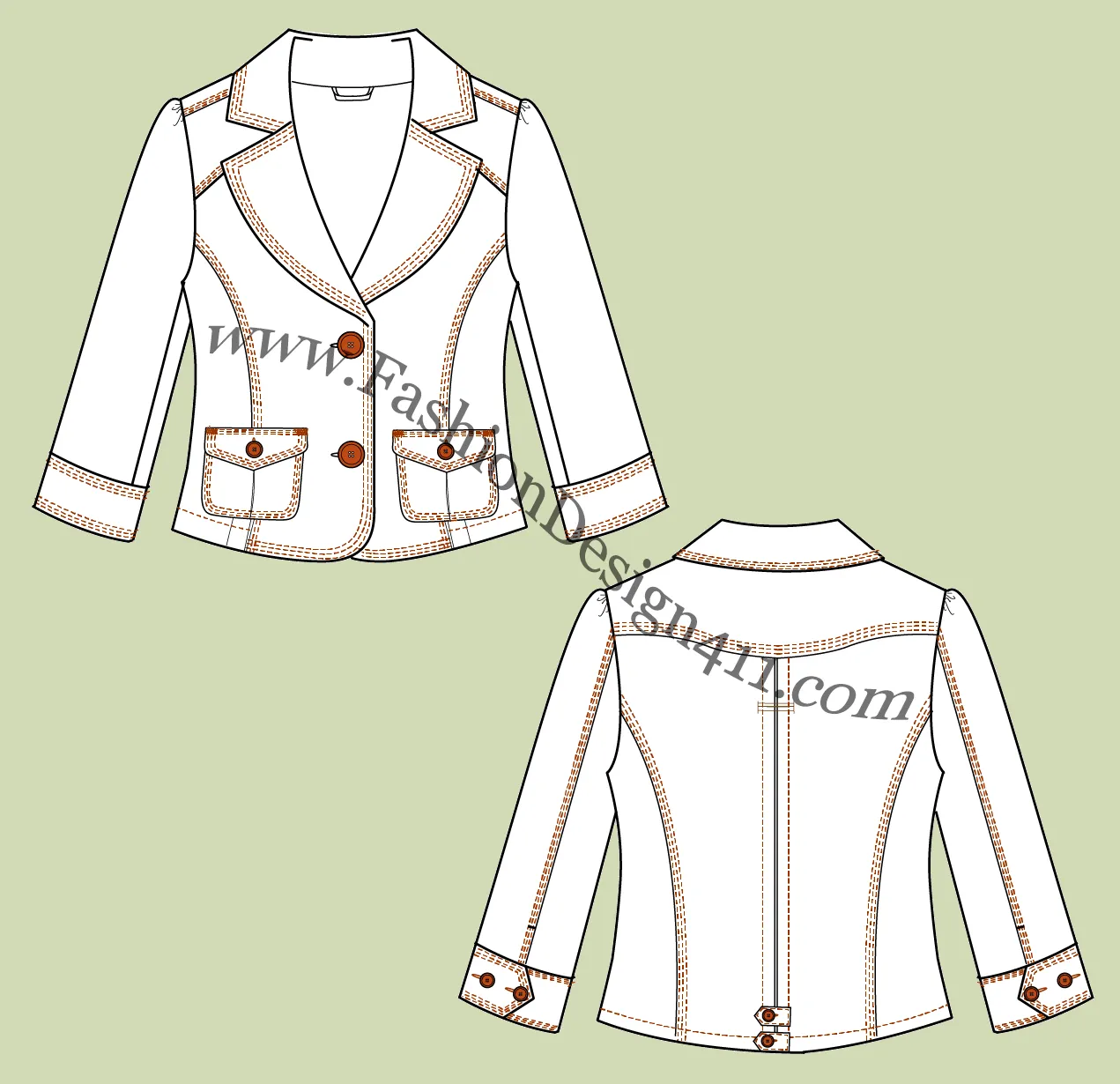 043 fashion flat sketch of a women's, cropped 3/4 sleeves blazer