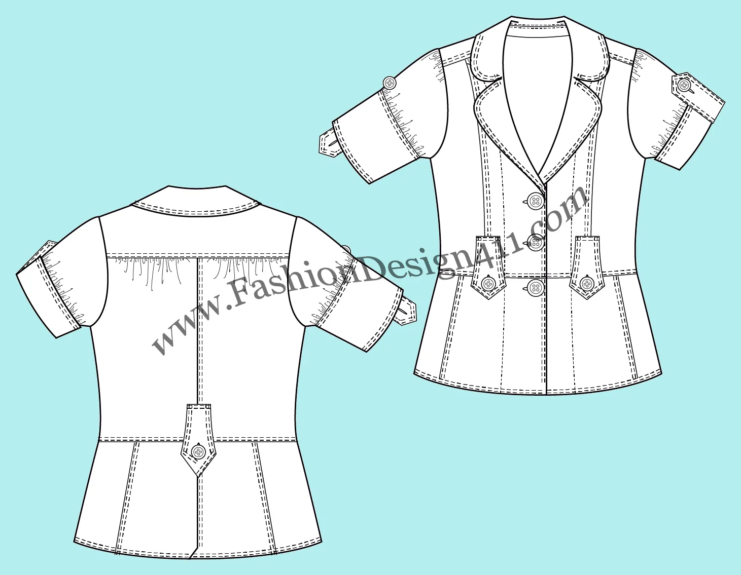 044 fashion flat sketch of a peplum women's, 3-button blazers with tabs and elbow, cuffed, rolled-up sleeves and waistline