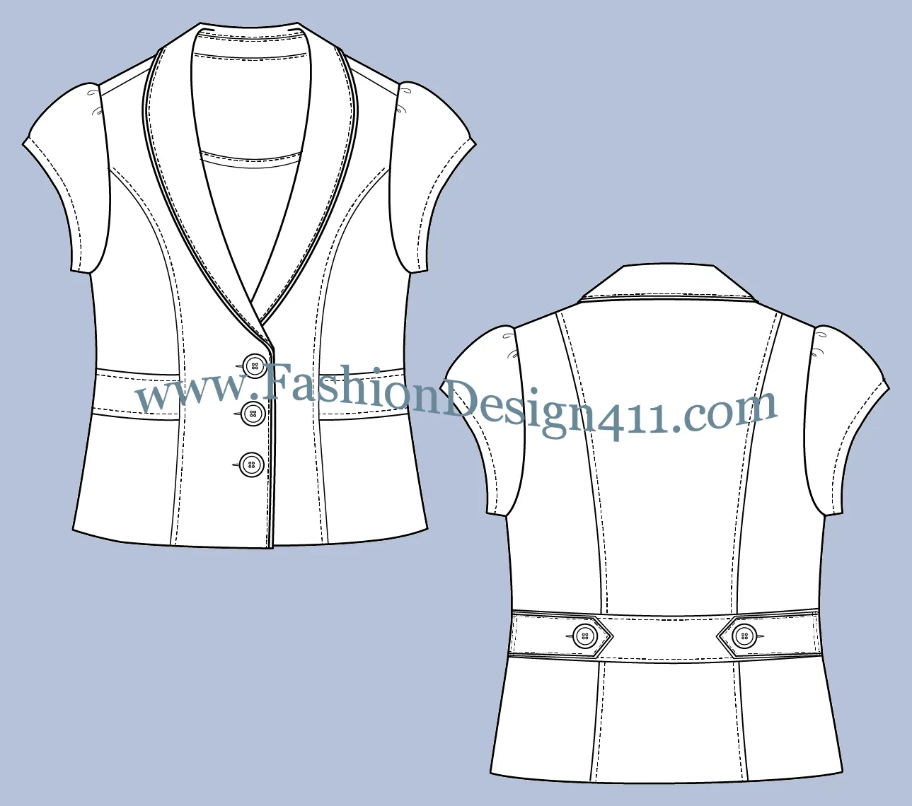 046 fashion flat sketch of a women's, shawl collar with piping, cropped, 3-button blazer wit puff cap sleeves
