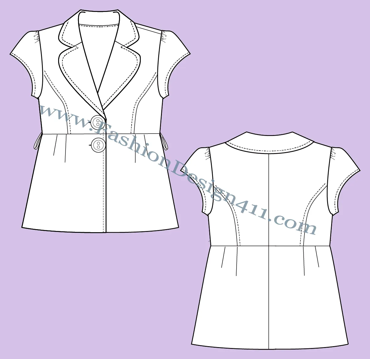 048 fashion flat sketch of a women's, cap sleeves, 2-button jacket with rounded corners, notched collar and lapels