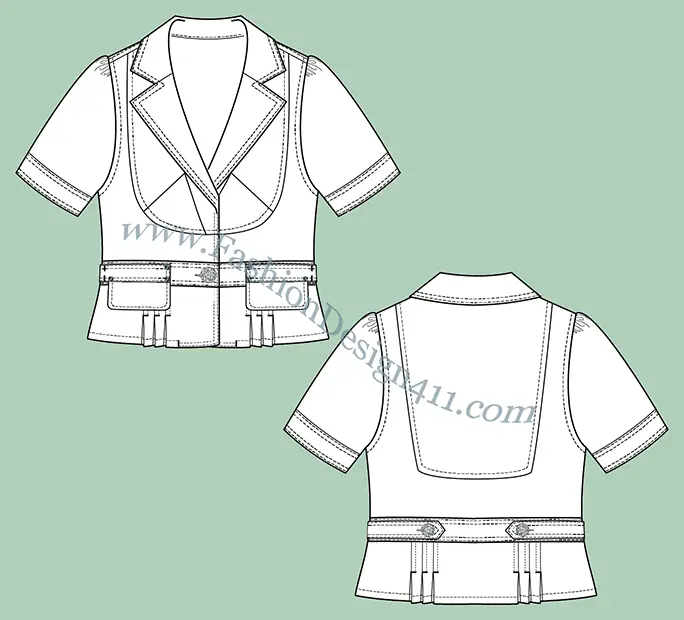 A Fashion Flat Sketch (050) of a women's front and back yoke, cropped jacket
