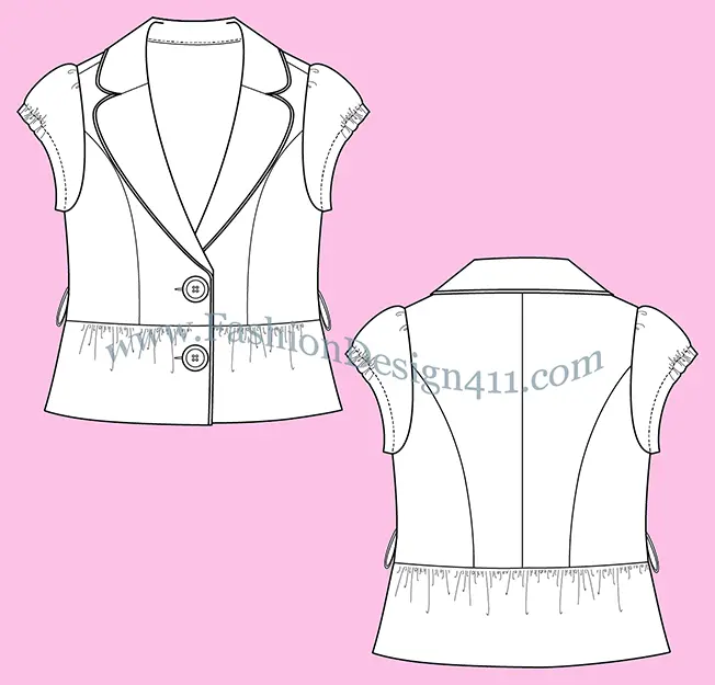 A Fashion Flat Sketch (051) of a women's cap sleeves, peplum jacket with piping