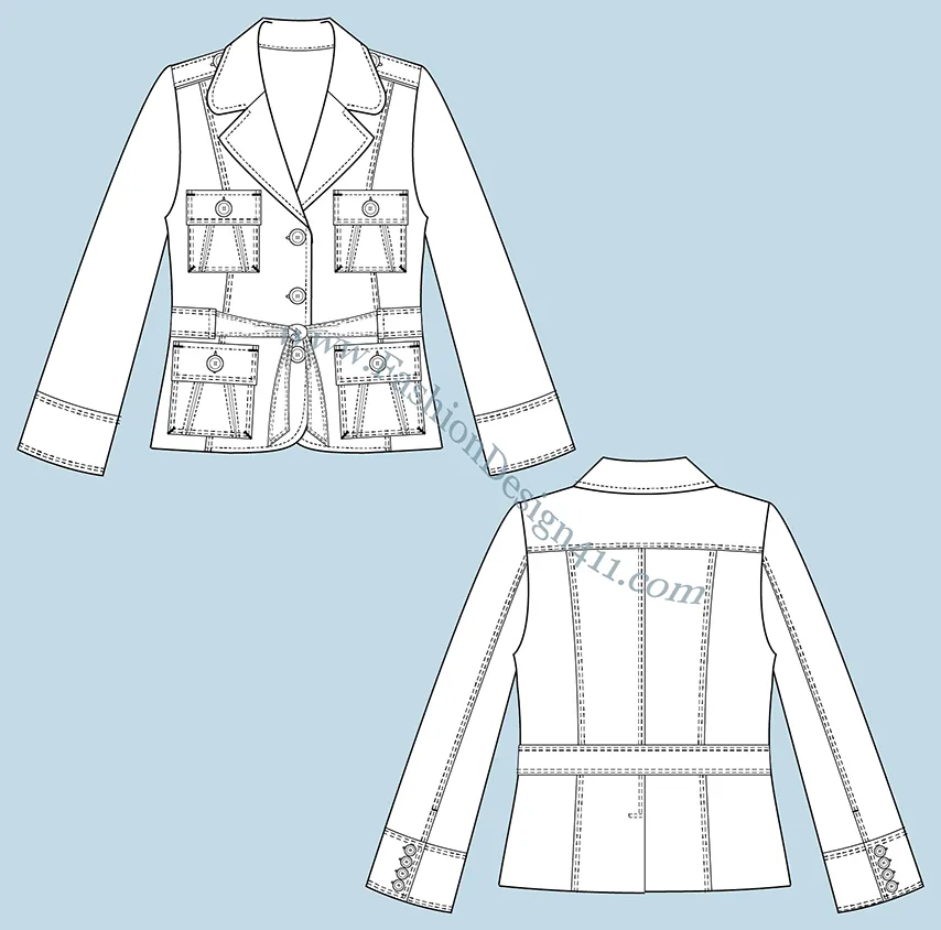 A Fashion Flat Sketch (052) of a women's safari style inspired blazer