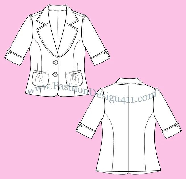 A Fashion Flat Sketch (054) of a women's cuffed, elbow sleeves blazer